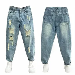 foufurieux New Ripped Jeans Men Clothes Loose Stretch High Waist Jeans Male Denim Pants Oversize Vintage Jean Trousers Harajuku L3JH#