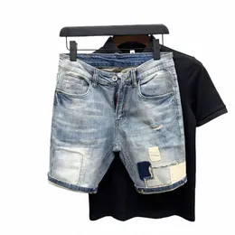 Nya mäns denimshorts med hål ons koreansk stil rak kvarter patch casual jeans bermuda maskulina män kläder g4hy#