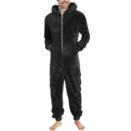 Мужчины Зима Теплый Тедди Флис Стежок Onesie Пушистый Пижамы One Piece Sleep Lounge Пижамы Комбинезоны с капюшоном Комбинезоны для взрослых мужчин y1Au #