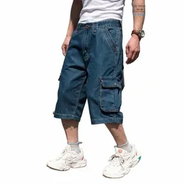 Mcikkny Vintage Men's Cargo Summer Denim Shorts Multi Pockets Blue Straight Jeans for Male Plus Size 30-46 V5EO＃