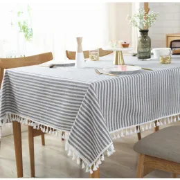 Pads CFen A's Quality Dining Tablecloth Rectangle Cotton Linen Stripe Print Table Cloth Tassels Home Kitchen Banquet Table Cover 1pc