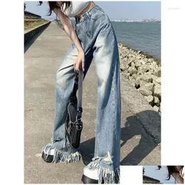 Kvinnors jeans koreanska tassel rippade breda ben Kvinnor överdimensionerade retro y2k streetwear hiphop tvättade lösa avslappnade raka byxor dropp del otlrj