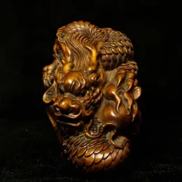 彫刻Yizhu Cultuer Art Chinese Boxwood Hand Careved Force Loong Dragonフィギュア像彫像装飾ギフトコレクションl 8 cm