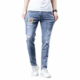 free Ship 2021 Men's New Classic Ripped Embroidered Slim Jeans Mid-Waist Straight Printed Casual Pants Q2b8#