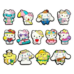 Garotas férias gatos kuromi melodia encanta de anime Charmos por atacado Memórias de infância de presentes engraçados Cartoon Charms Acessórios para sapatos PVC Decoração de fivela de borracha macia