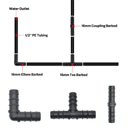 Konnektörler 30 PCS Dikenli Bahçe Hortum Konektör Açısı Dirsek Düz Tee T 16mm ID 1/2 "Tüp Damla Sulama Borusu Bağlantı Sözleşmeleri