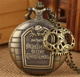 Steampunk Bronze Skull Accessory Watches the Nightmare Before Christmas Quartz Pocket Watch for Men Women Necklace Chain Timepiece2820034