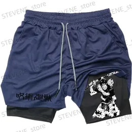 Herren-Shorts, Anime-Performance-Shorts, Toji, bedruckt, für Männer, Fitnessstudio, Freizeit, Sport, Kompressionsshorts, Workout, Laufen, Mesh, 2-in-1-Sport, kurze Hosen, T240325