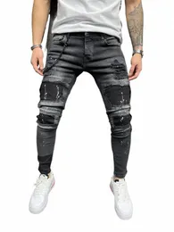 Män rippade magra jeans Biker Högkvalitativ svart distriktad Slim-Fit Pencil Pants Locomotive Zipper Denim Pants Hip Hop Trousers B5cx#