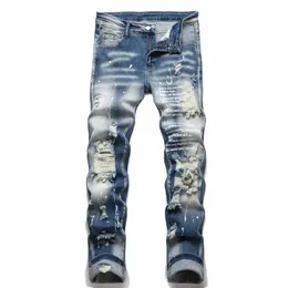 män y2k stretchy denim jeans rippade magra brev tryck elastiska midja avslappnade byxor för män hål smal fit streetwear män byxor w2jf#