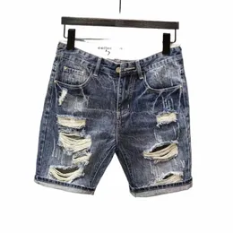 Mäns rippade denimshorts Fible Summer Slim Shorts Pants With Distrad Ripped Design Holes Korean Style Short Jeans Male G484#