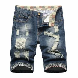 Nya denim shorts jeans för män trasiga fi mångsidiga perforerade kanter och perforerade hål förstörda byxor plus storlek 88et#