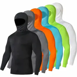Сплошной цвет с капюшоном Мотоциклетная одежда Tight Compri Быстросохнущая мужская Fitn Спортивная велосипедная мужская футболка Пуловер A6Ml #