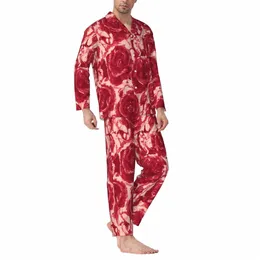 Red Rose Floral Pijamas Primavera Frs Imprimir Loose Oversize Pyjama Set Mens Lg-Sleeve Confortável Home Custom Nightwear o5YB #