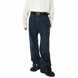 syuhgfa Men's Baggy Jeans Niche Design Wed Patchwork Denim Pants Loose Straight Leg Trousers Vinage Leg Ong Chic Belt Y7Hd#