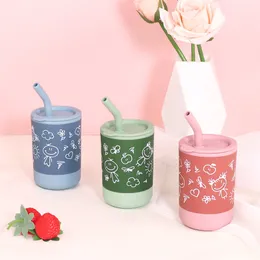 만화 베이비 실리콘 워터 컵 밀짚 유출 증거시피 컵 텀블러 유아 어린이 술 컵