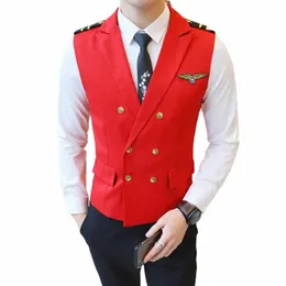 pilot Suit Vest Men Fi Korean Slim Fit Embroidery Air Force Double Breasted Vest Men Work Uniform Flight Costume Cosplay e3oA#