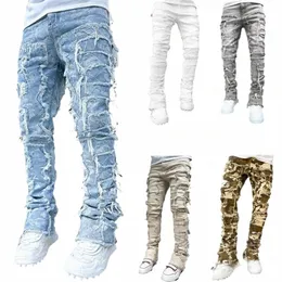 e15e Mens Stacked Jeans Fit Ripped Jeans Destroyed Straight Denims Pants Vintage Hip Hop Trouser Streetwear R6nL#