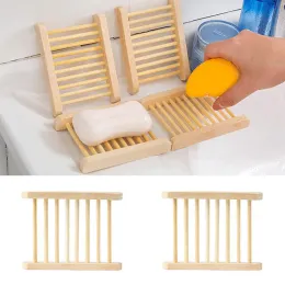 50st Natural Bamboo Trays Wholesale Tood Soap Dish Soaps Tray Holder Rack Plate Box Container för Bath Shower Badrum LL