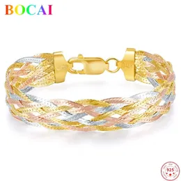 BOCAI Real S925 Sterling Silver Bracelet for Women Three Color Eight Thread Braided Thai Female Fashion Hand Chain 240315