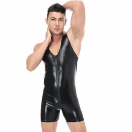 faux Leather Sleevel Mens Zipper Open Crotch Bodysuit Shorts Sexy Tight Overalls Night Club Fetish Costume 3XL Plus Size B2La#