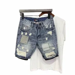 Mäns sommarpersnaliserade tryckskrapade denimshorts Slim Fit Korean Fi Capris Men Hole Jeans Shorts O1NZ#