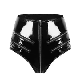 Women Sexy Opening Crotch Leather Shorts For Sex Erotic Porn Below Crotchless Underwear Glossy Zipper Latex Bag Hip Pants Sexi 240311