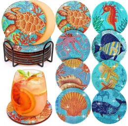 Stitch RUOPOTY 8pc/sets Diamond Painting Coasters Kits 5D Ocean Drinks DIY Coaster Diamond Art Kits For Adults Kids Beginners