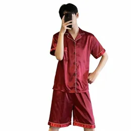 new Summer Men Satin Silk Pajamas Sets Korean Style of T-Shirt & Shorts Male Pijama Sleepwear Leisure Plus Size Home Clothing H6px#