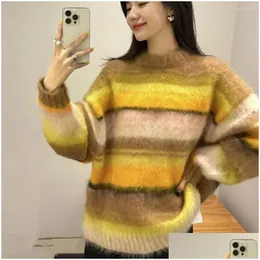 Maglioni da donna Maglione a righe in mohair Piviere Allentato O-Collo Moda Colori a contrasto Autunno Inverno Donna Top a maniche lunghe Drop Deliv Otygm