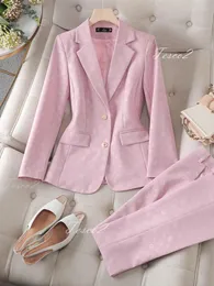 Kvinnors tvåbitar byxor Tesco Pink Pantsuit For Women Slim Blazer Suit Print Outfits 2 Business Professional