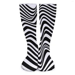 Mulheres meias abstrata listrado design inverno preto e branco listras meias casuais masculino quente macio correndo anti skid