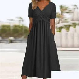 Grundläggande avslappnade klänningar Stick för kvinnor Fashion Solid SHORT SLEEVE LOK LÅNG DRESS med fickor Y LACE Drop Delivery Apparel Women's C otbu2