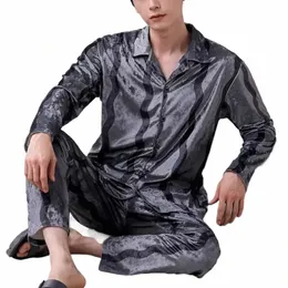 Outono masculino impressão pijama falso seda cetim masculino sleepwear lg manga lapela camisa calças ternos homewear 2 peça conjunto de pijama tira x6dA #