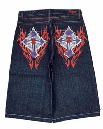 Summer Casual Denim Men Street Punk Hip Hop Cross Print Jorts Shorts Y2K Vintage Trendy Baggy Kne Length Pants New 92C0#