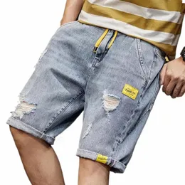 Luźne pięcioczęściowe spodnie męskie spodnie swobodne elastyczne otwór w talii rozciągnij koreańskie fireanne dżinsowe spodnie h4vs#