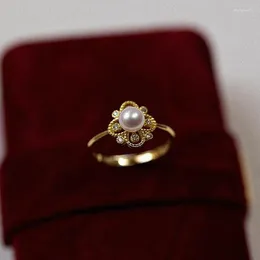 Cluster Rings Sweet Romantic 925 Sterling Silver Pearl Ring Women's Luxury Fashion Zircon Floral Geometric Fine Jewelry Gift