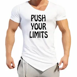 push Your Limits Gym T shirts Mens Summer Oblique V-Neck Slim Short Sleeve T-Shirt Cott Irregular Hem Tight Fitn Clothing L6a9#