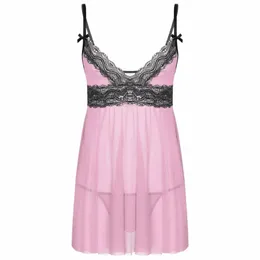 مجموعة البيجامات الداخلية للرجال من خلال الدانتيل ديب الخامس الرقبة دكتور مع thg maid crossdring teddy chemise babydoll y6qe#