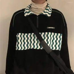 Herrtröjor våffla halvsäck med tröja retro checkerboard dragkedja för män står krage streetwear topp med elastisk manschett fall