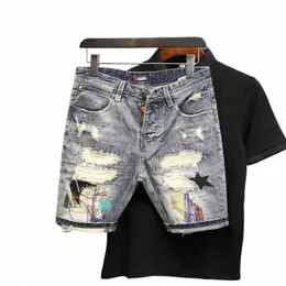 calças curtas de mezclilla c parches rasgados para hombre, calças vaqueros lavables de Hip Hop, calças curtas medianos casuais, moda de K7eV#