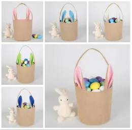 Easter Bunny Basket Jute Rabbit Ear Bucket Easter Diy Eggs Bag Tote Creative Candy Gift Handväska Cartoon Cute Round Festival Canvas7410269