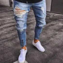 Mäns jeans 2022 Nya magra jeans ljusblå svart rippade stretch män blyertsbyxor premium varumärke ropa hombre s-xxxl byxor män t240326