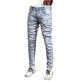 Nyligen designer fi män jeans retro ljusblå elastisk smal fit förstörd rippade jeans män streetwear hip hop denim byxor z4mf#