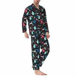 pyjamas man röd räv rolig daglig sömnkläder elektriska skogstryck 2 stycken avslappnad lös pyjamas uppsättningar lg ärm överdimensionerad hemdräkt i71f#