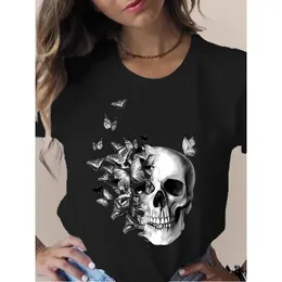 Skull Head Butterfly Flower Print Women T Shirt Kort ärm O Neck Loose Tshirt Ladies Tee Tops Camisetas Muje 240315