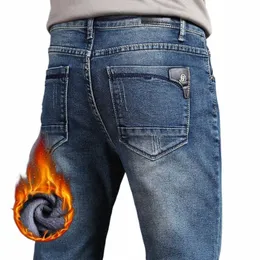 Ретро стрейч тонкие мужские джинсы зимние толстые флисовые уличные джинсовые брюки мужские плюшевые тонкие узкие брюки в стиле хип-хоп 718t #