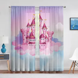 Cortinas rosa de conto de fadas nas nuvens, cortinas transparentes para sala de estar, voile, quarto infantil, cortinas de tule, decoração de janela