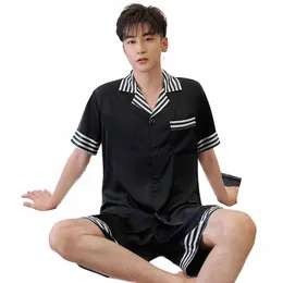 autumn Men Satin Striped Turn-Down Collar Short Sleeve Shirt Shorts Pijama Sleepwear Pajama Nightwear Homewear Q3AO#