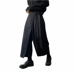 elastico in vita cravatta culottes uomo harajuku streetwear tendenza fi allentato casual nero gamba larga pantaloni kimo gonna donna pantaloni F4VX #